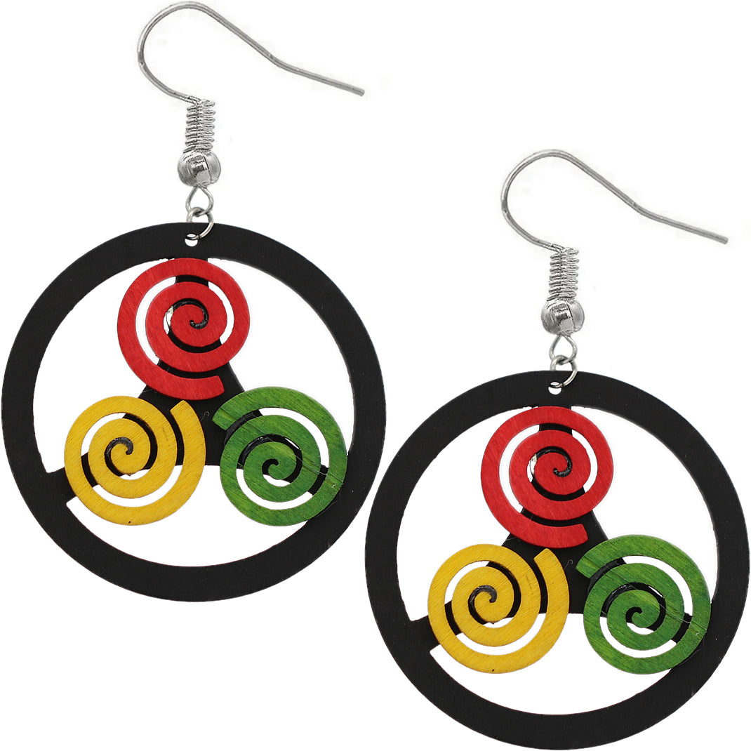 Black Multicolor Round Swirl Wooden Earrings