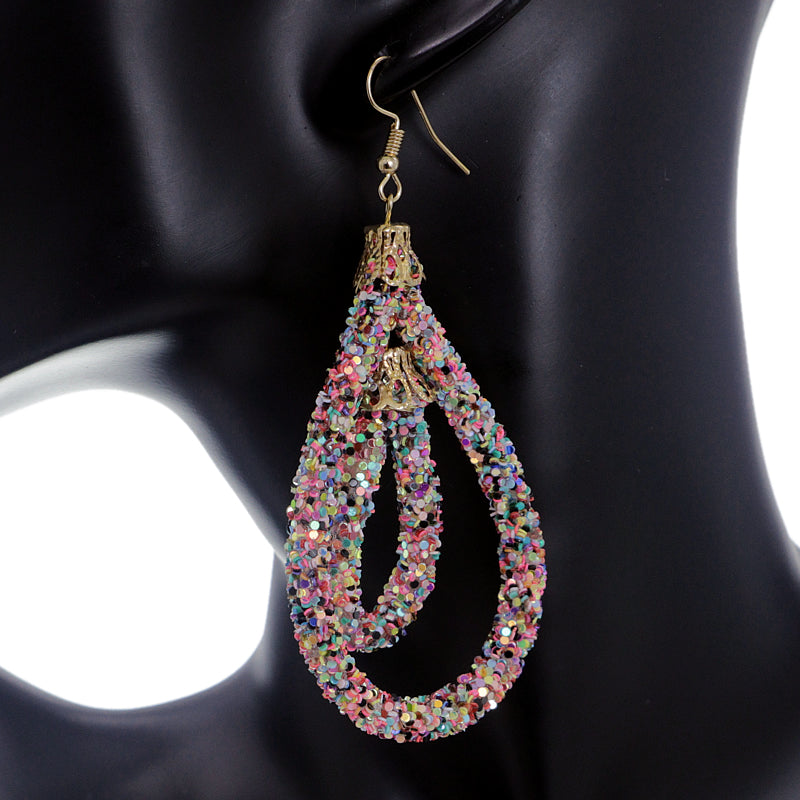 Pink Multicolor Sequin Confetti Teardrop Hoop Earrings