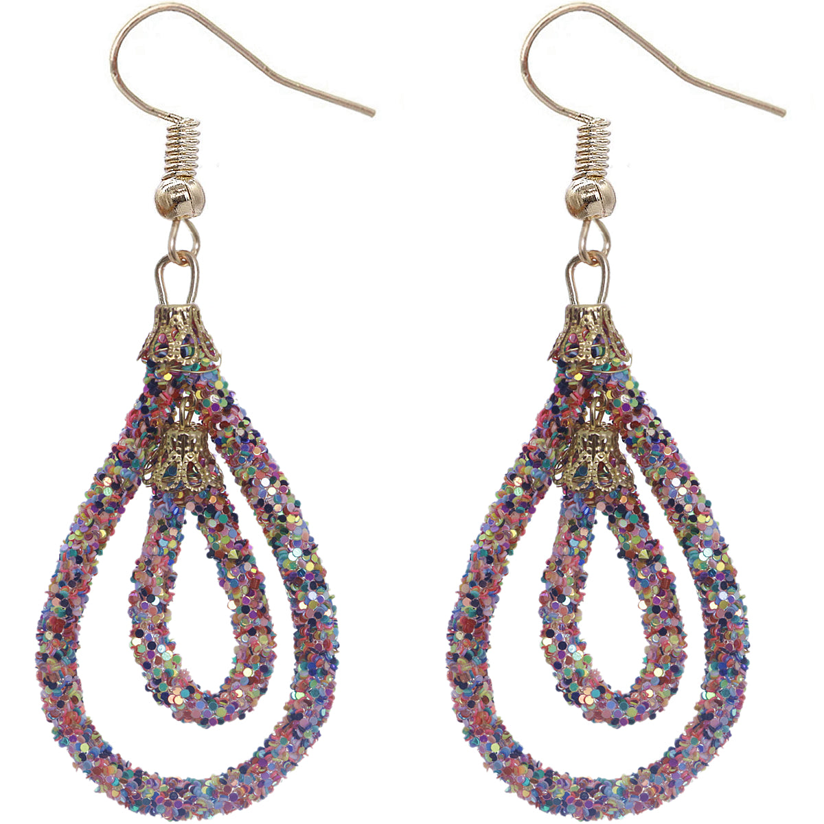 Pink Multicolor Sequin Confetti Teardrop Hoop Earrings