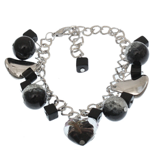 Black Murano Glass Heart Charm Chain Link Bracelet