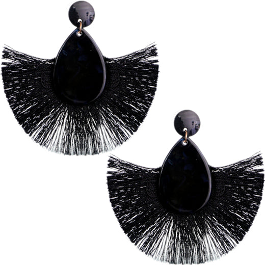 Black Oval Fan Tassel Earrings
