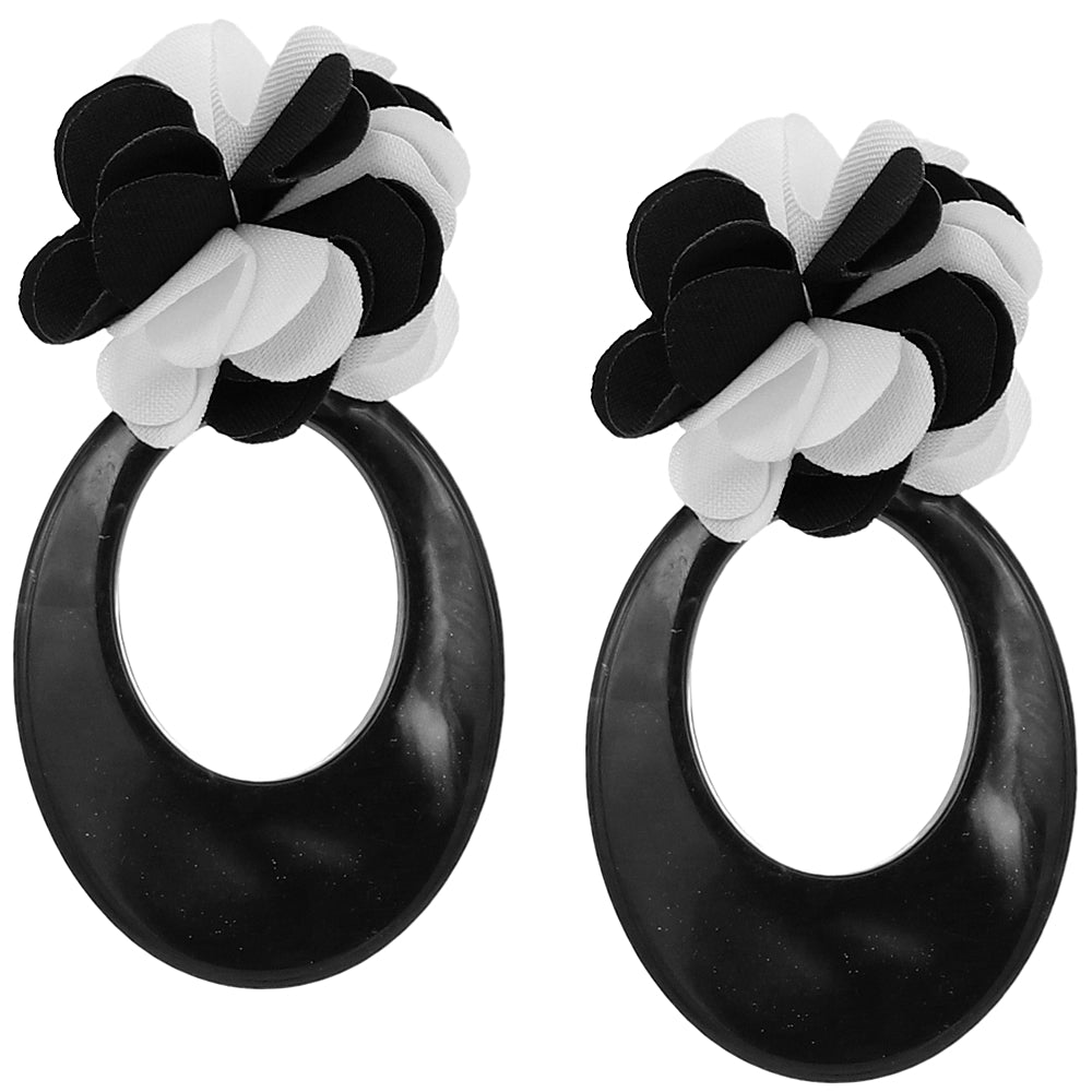 Black White Oval Floral Resin Earrings