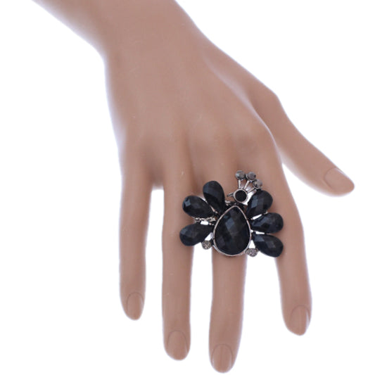 Black Large Beaded Peacock Adjustable Ring