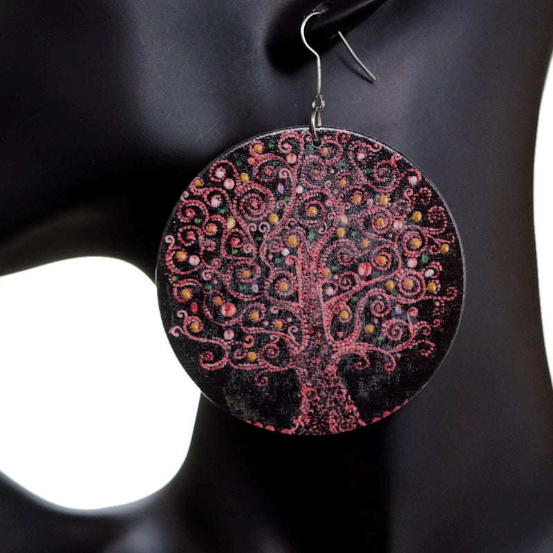 Black Pink Tree of Life Wooden Earrings