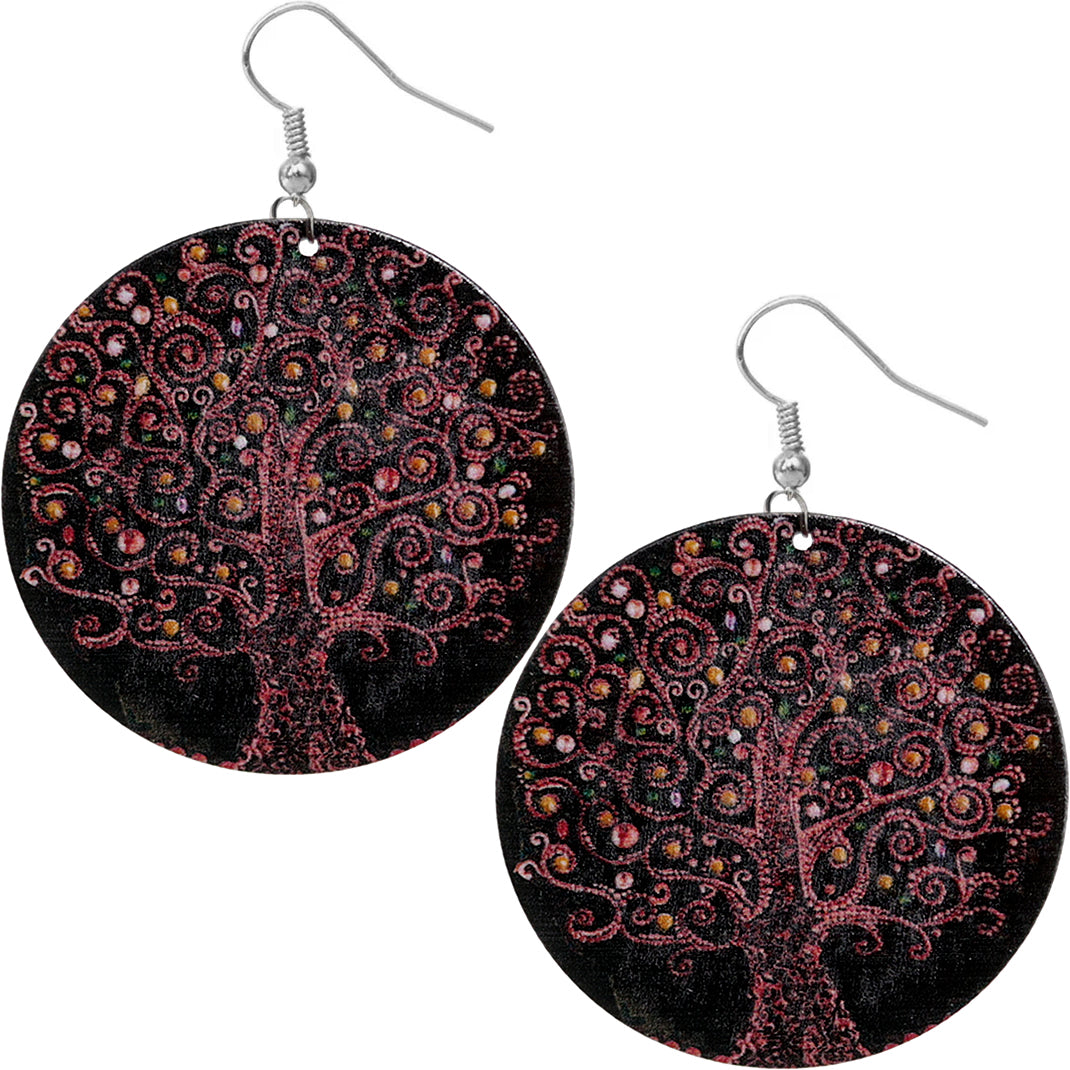 Black Pink Tree of Life Wooden Earrings