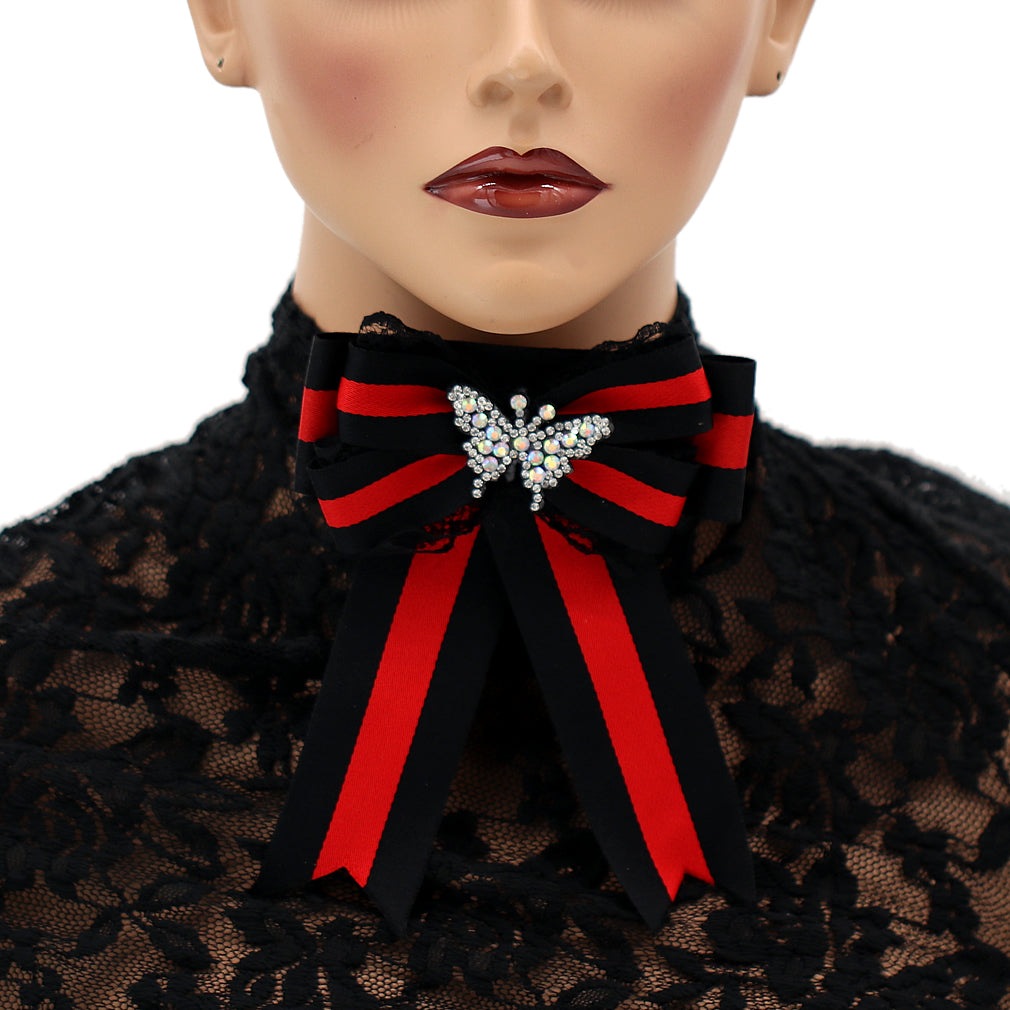 Black Red Necktie Butterfly Bow Brooch