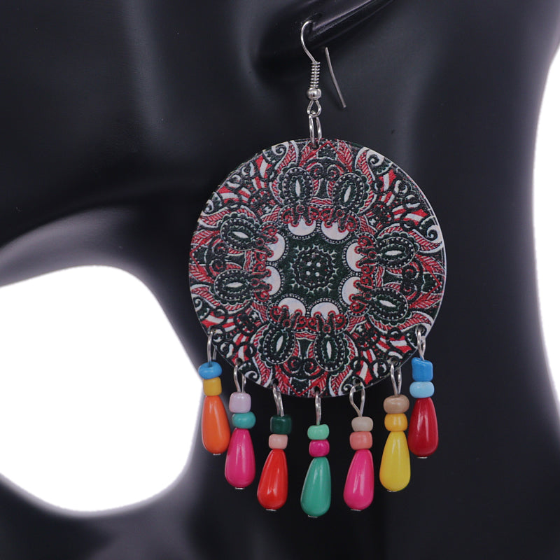 Black Red Wooden Bead Kaleidoscope Pattern Earrings