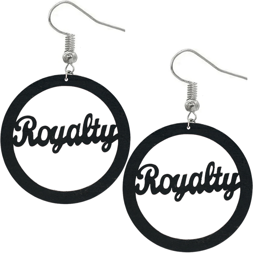 Black Cursive Royalty Word Wooden Earrings