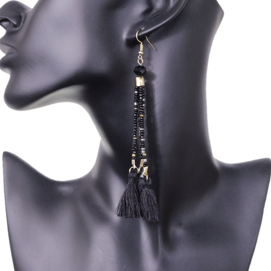 Black Beaded Sequin Tassel Dangle Earrings