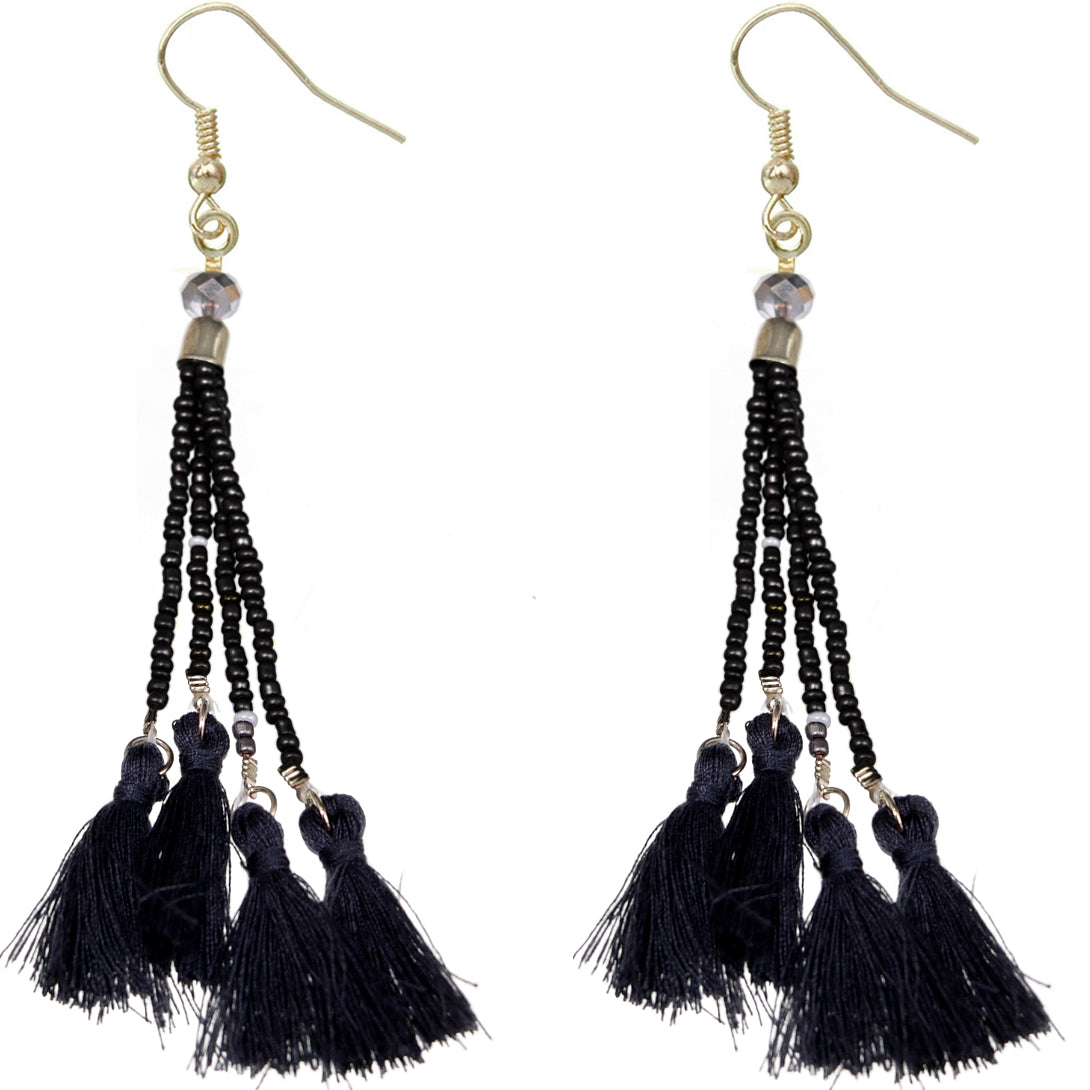 Black Beaded Sequin Tassel Dangle Earrings