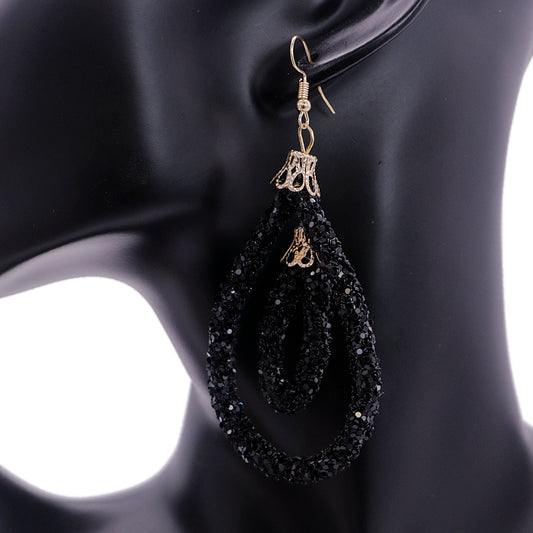 Black Sequin Confetti Double Teardrop Hoop Earrings