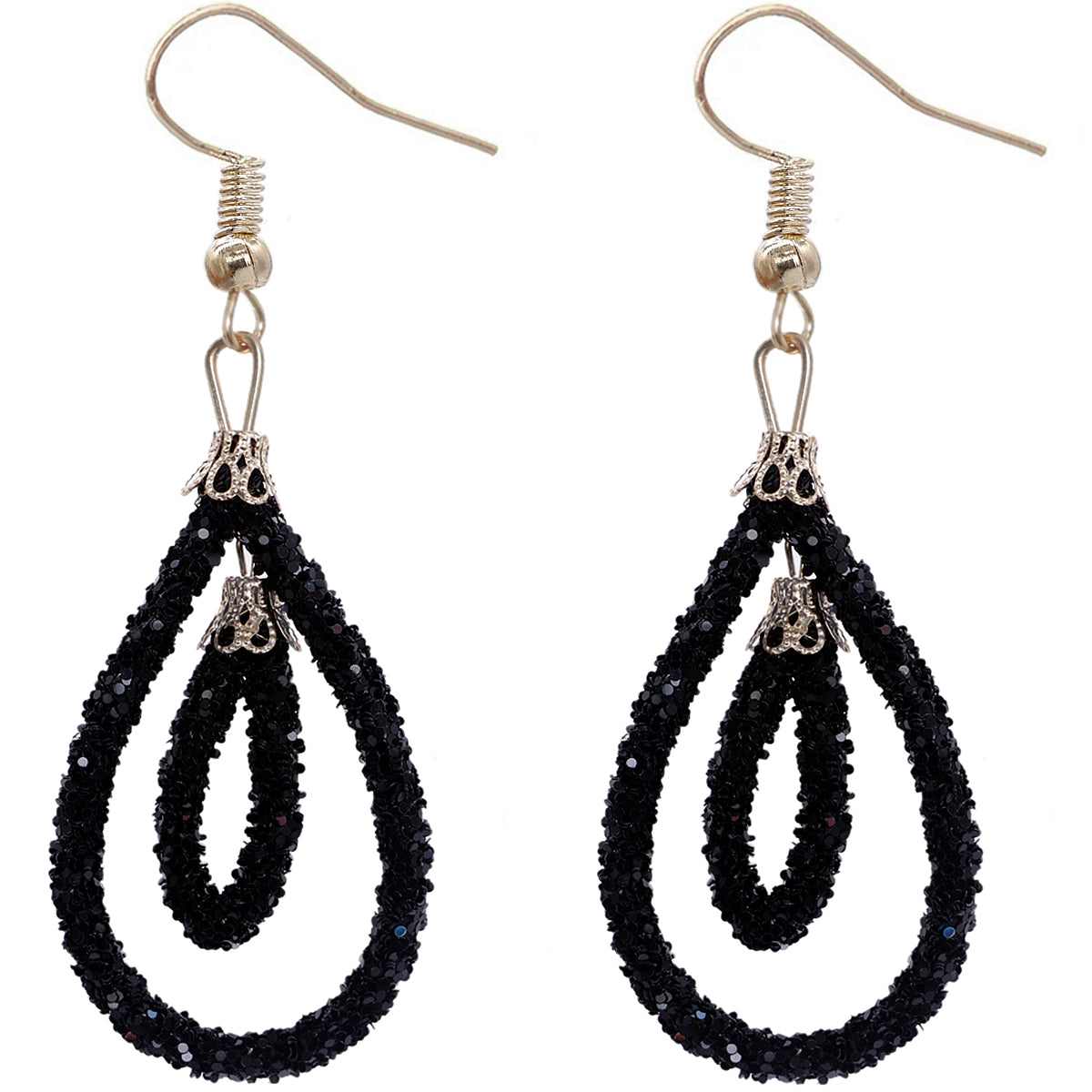 Black Sequin Confetti Double Teardrop Hoop Earrings