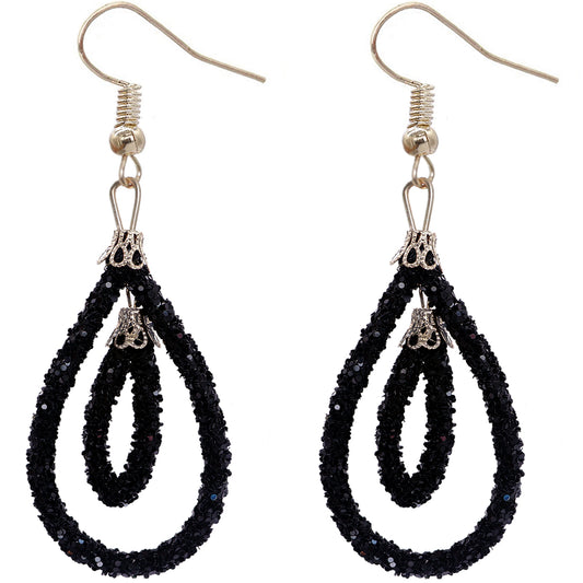 Black Sequin Confetti Double Teardrop Hoop Earrings