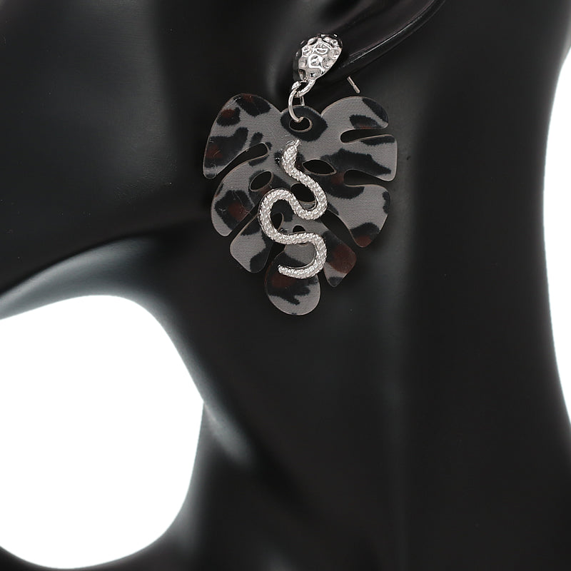 Brown White Leaf Shaped Snake Earrings