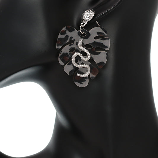 Brown White Leaf Shaped Snake Earrings