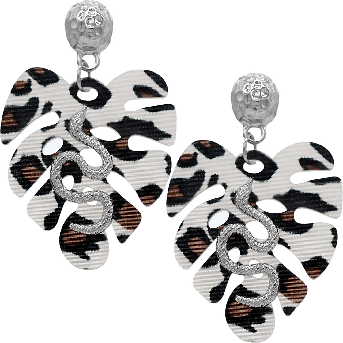 Brown White Leaf Shaped Snake Earrings