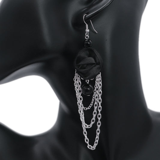 Black Long Drop Chain Flower Earrings