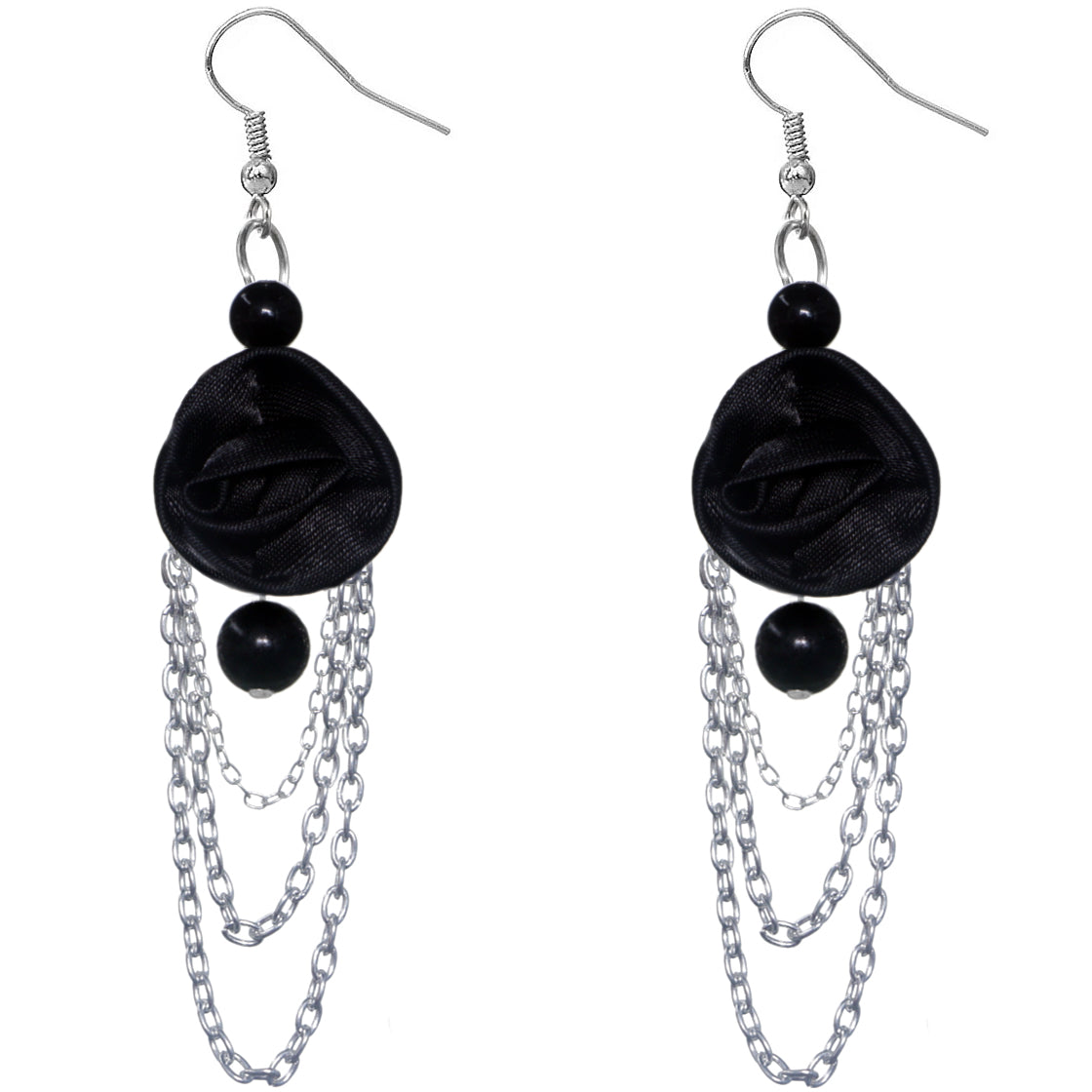 Black Long Drop Chain Flower Earrings