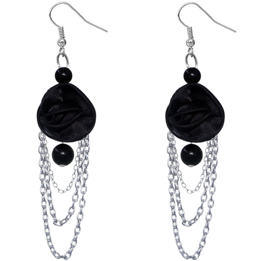 Black Long Drop Chain Flower Earrings