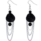 Black Long Drop Chain Flower Earrings