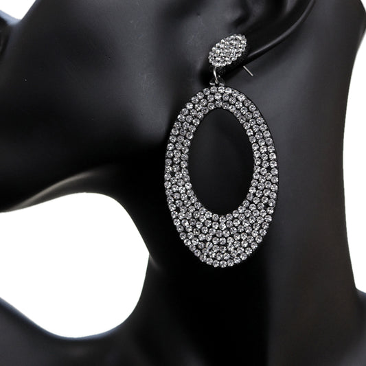 Black Silver Felt Pave Oval Rhinestone Earrings