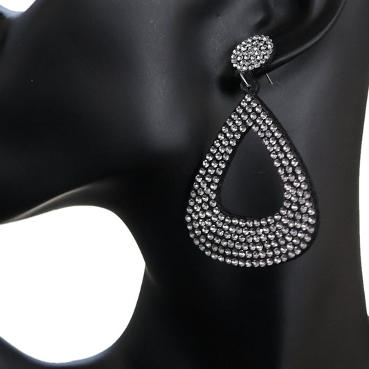 Black Silver Felt Pave Teardrop Rhinestone Earrings