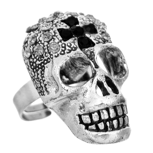 Black Rhinestone Skull Cross Adjustable Ring