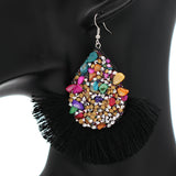 Black Faux Gemstone Teardrop Tassel Fan Earrings