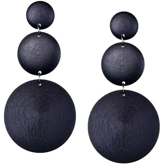 Black Triple Circular Cascade Wooden Earrings