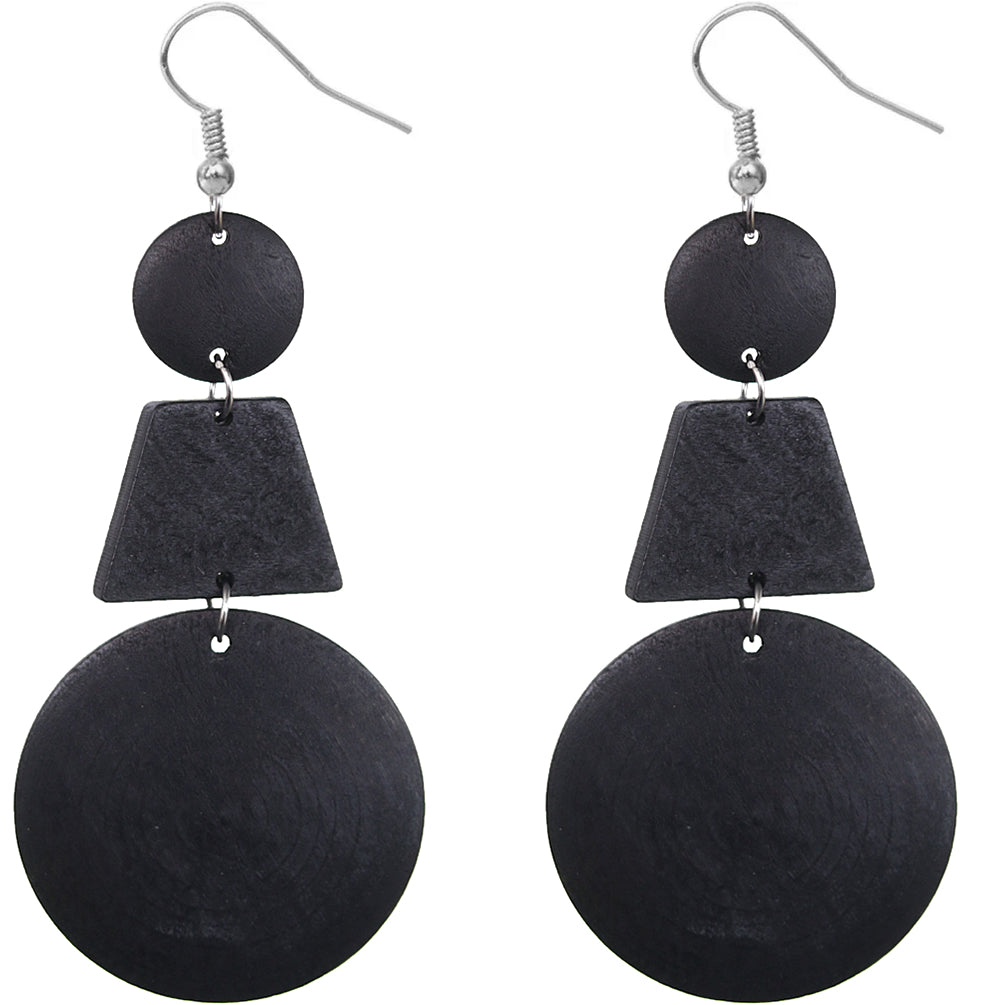 Black Triple Geometric Wooden Drop Earrings