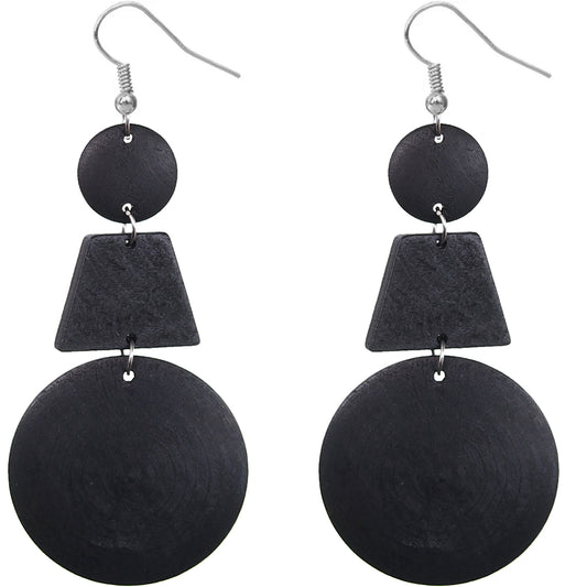 Black Triple Geometric Wooden Drop Earrings