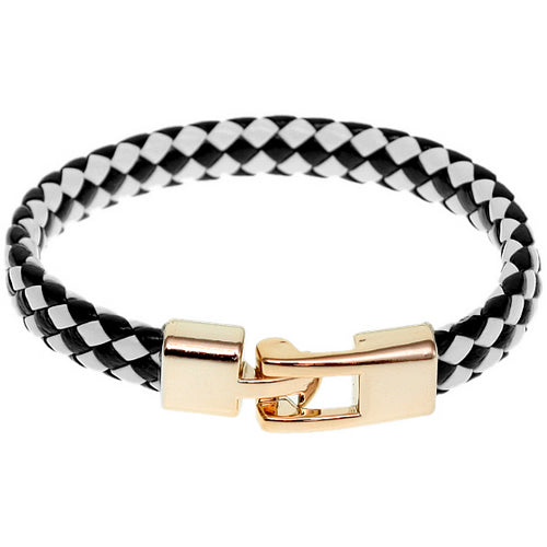 Black White Braided Woven Leather Latch Bracelet
