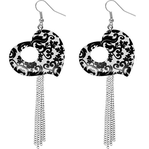 White Black Damask Heart Drop Chain Earrings