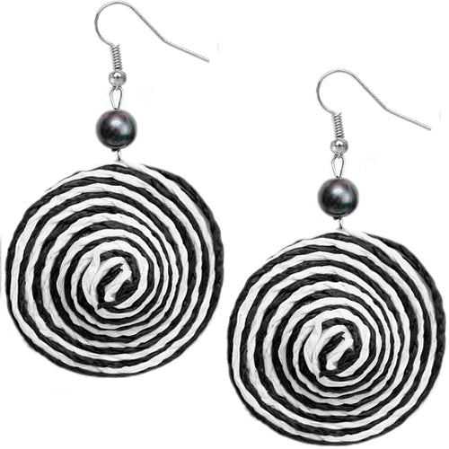 Black White Swirl Bead Woven Dangle Earrings