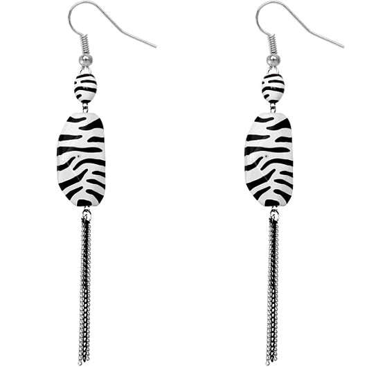 Black White Zebra Stripe Drop Chain Earrings