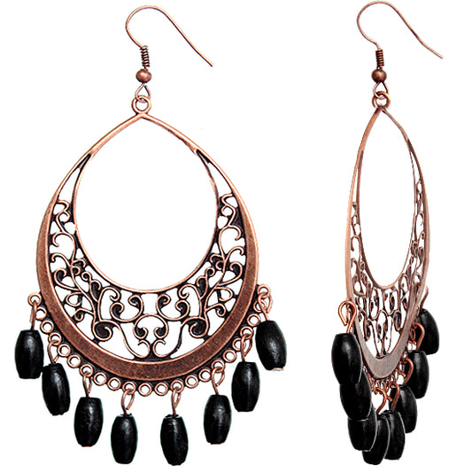 Orange Wooden Filigree Drop Earrings