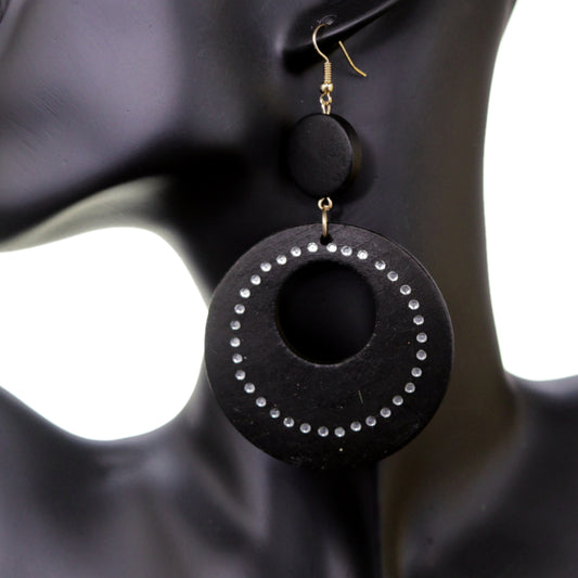 Black Wooden Gemstone Drop Hoop Earrings