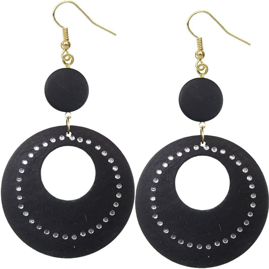 Black Wooden Gemstone Drop Hoop Earrings