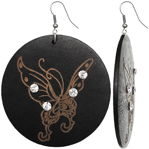 Black Wooden Butterfly Rhinestone Earrings
