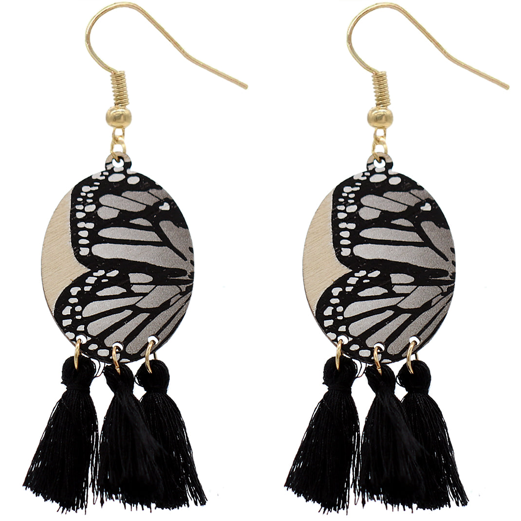 Black Butterfly Tassel Wooden Dangle Earrings