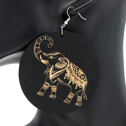 Black Elephant Printed Round Wooden Earrings