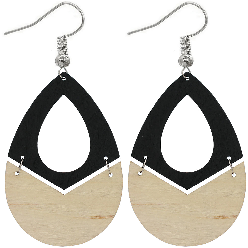 Black Glitter Wooden Link Teadrop Earrings