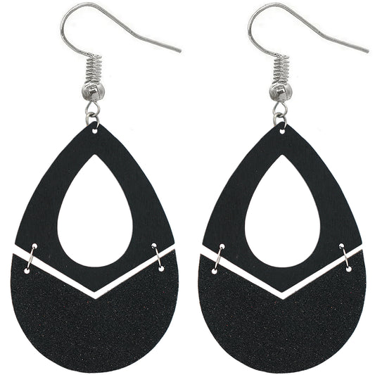 Black Glitter Wooden Link Teadrop Earrings