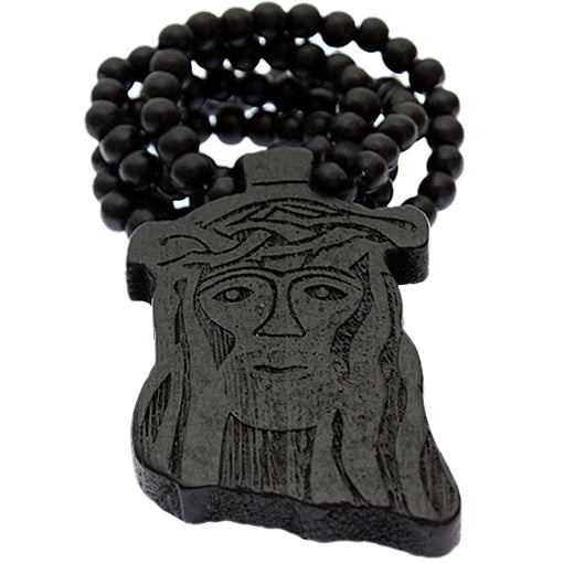 Black Wooden Beaded Chunky Jesus Piece Necklace