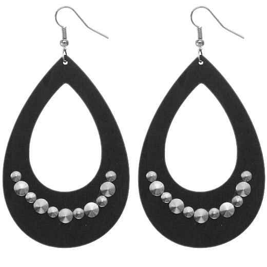 Black Wooden Large Teardrop Studded Earrings
