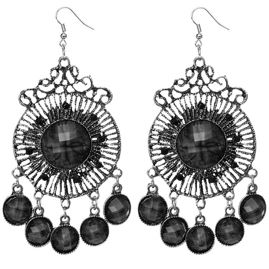 Black Round Faceted Beaded Chandelier Earrings