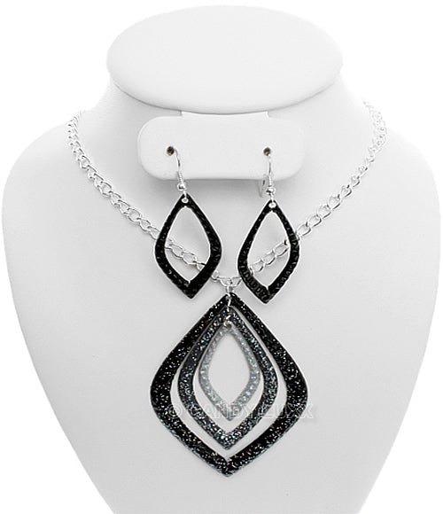 Black Layered Glitter Teadrop Charm Necklace Set