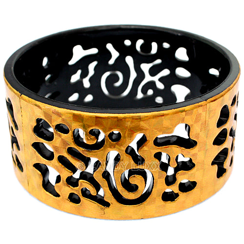 Black Gold Cutout Chinese Textured Bangle Bracelet
