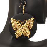 Black Gold Wooden Butterfly Dangle Earrings