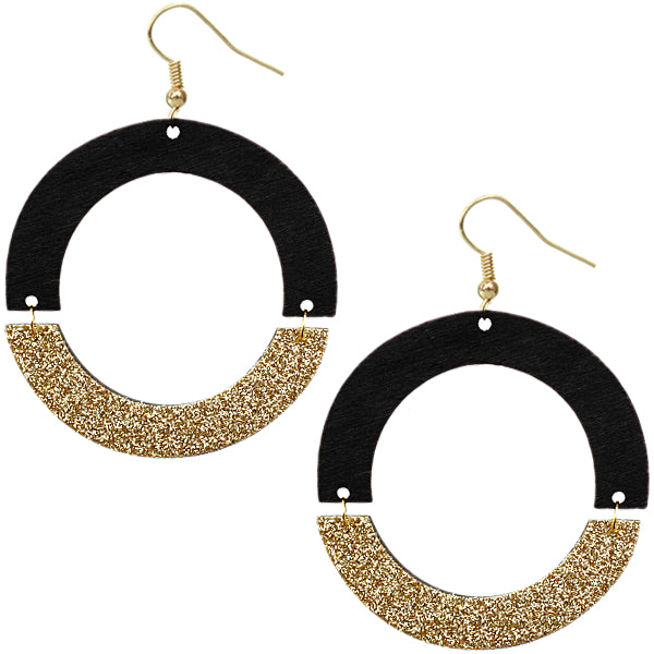 Black Wooden Glitter Link Earrings